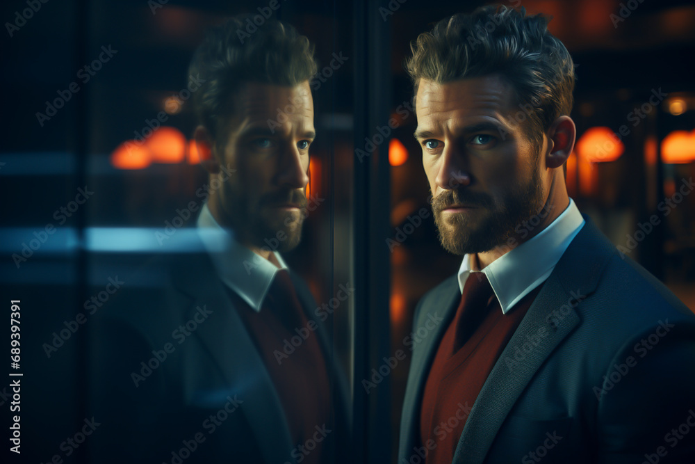 Man wearing suit and tie looking in the mirror reflections - obrazy, fototapety, plakaty 
