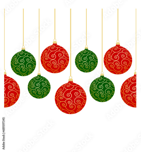 seamless border with hanging christmas balls isolated on white background