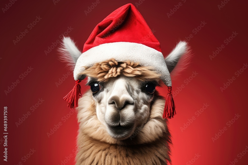 Cute llama wearing Christmas hat Posing red background funny looking santa new year clipart Cute llama wearing Christmas hat Posing red background funny looking santa new year clipart