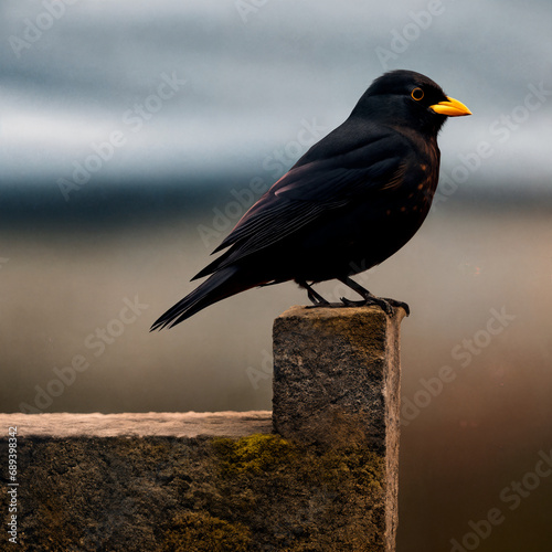 Close-up photo, small black bird with a yellow beak sitting on part of a concrete wall, cloudy day © Artur Apsitis