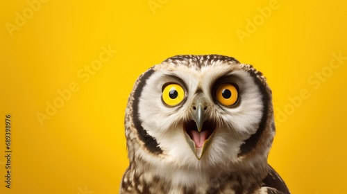 Surprised owl with open beak on yellow background. Owl or eagle owl close up with large surprised yellow eyes screams. For poster, banner, postcard, advertising. shocking news poster content. photo