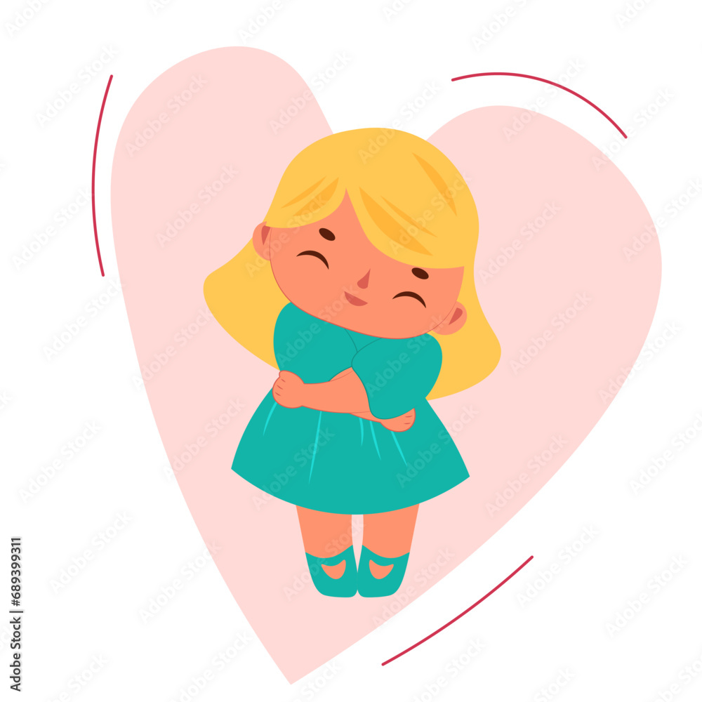 Love yourself. cute girl hugging herself. Taking care of yourself, accepting yourself. Vector illustration. Love yourself. cute girl hugging herself. Taking care of yourself, accepting yourself. Vector illustration.