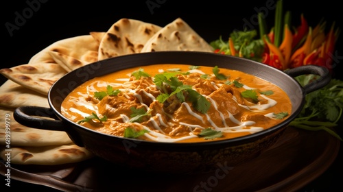 Close-up food photography of The absolutely Creamy and nutty panang curry served with crispy roti on a side
