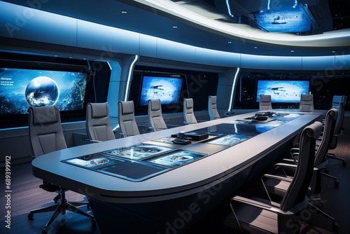 A sleek, high-tech conference room with interactive screens, ergonomic seating, and modern design.