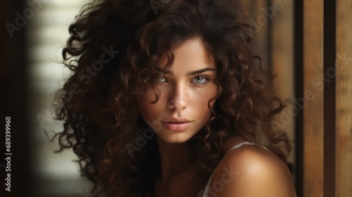 A closeup portrait of beautiful woman with charming eyes and curly hairs