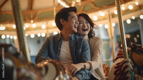 Smiling Asian couple enjoying a joyful ride on the carousel © Generative Professor