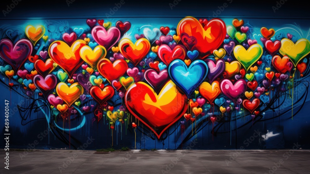 Fototapeta premium A colorful mural of hearts intertwined with artistic graffiti on a city wall.