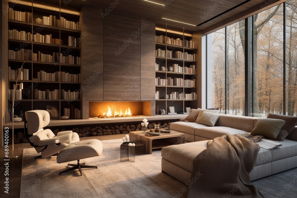 A sleek home library with floor-to-ceiling shelves, a cozy fireplace, and comfortable reading chairs for quiet contemplation.