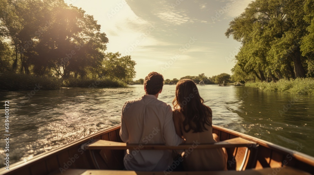 A couple enjoying a romantic boat ride on a serene day. A couple enjoying a romantic boat ride on a serene day.