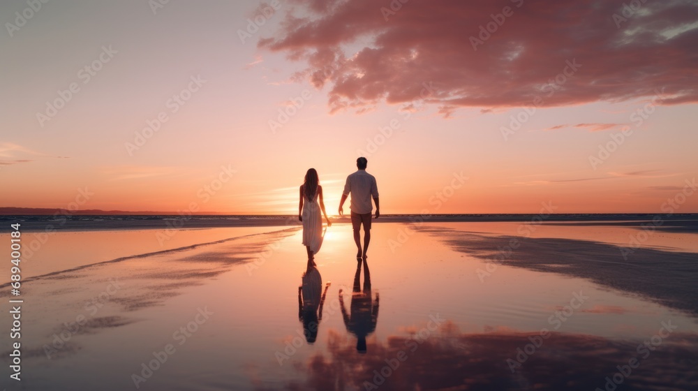 A couple enjoying a romantic sunset walk on the beach.