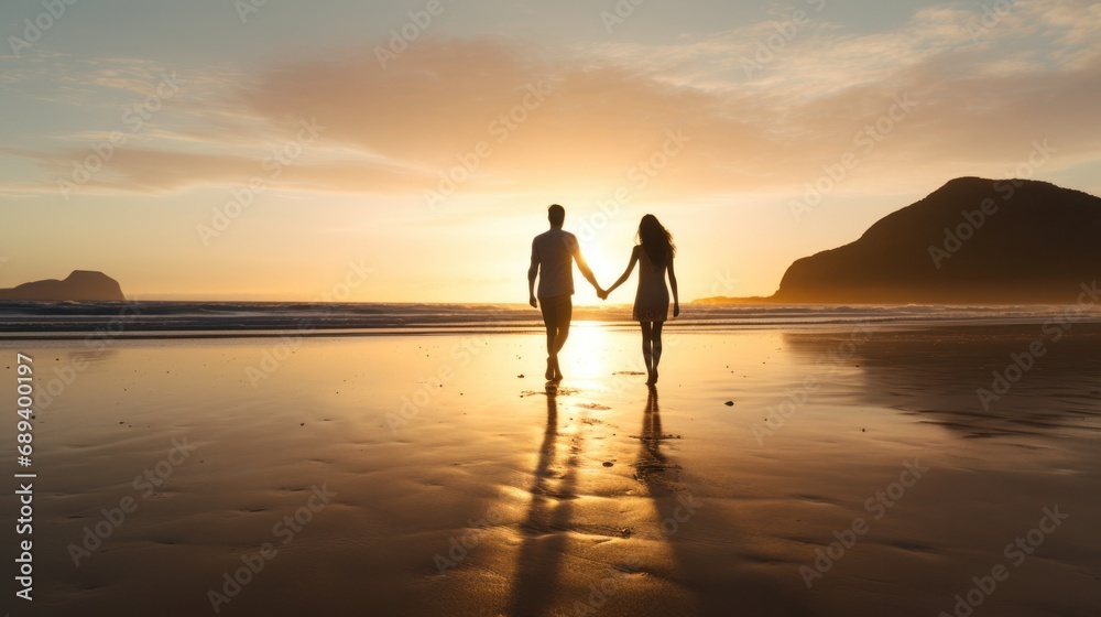 A couple holding hands and walking on a beach at sunset.