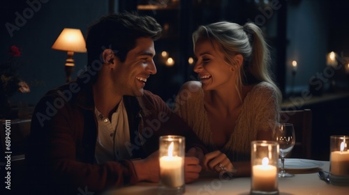 A close - up shot of a smiling couple savoring a romantic candlelit dinner in a restaurant.