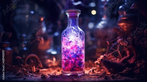 A close-up view of a vibrant bottle filled with a concoction of various magical ingredients, radiating with sparkling pink and purple hues