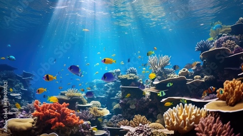 A colorful and diverse array of marine life swimming in a spacious aquarium. © Generative Professor