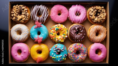 A colorful display of delicious doughnuts arranged neatly in a box on a table, captured by Arthur Pan, pexels, showcasing vibrant hues and minimalistic food photography.