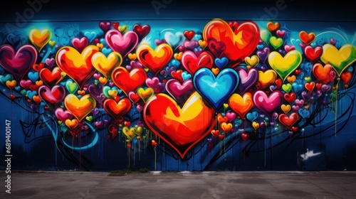 A colorful mural of hearts intertwined with artistic graffiti on a city wall.