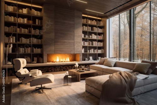 A sleek home library with floor-to-ceiling shelves, a cozy fireplace, and comfortable reading chairs for quiet contemplation.