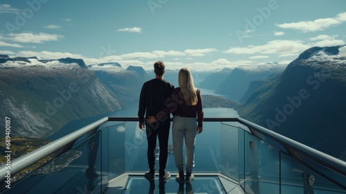 A couple enjoying the breathtaking view of Geirangertown from Europe's highest fjord viewpoint on the Skywalk, 1500 meters above sea level. photo