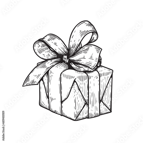 Hand drawn sketch gift box with bow and ribbon. Best for birthday, festive events designs. Vector illustration on white.