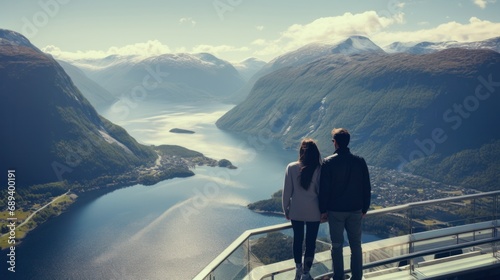 A couple enjoying the breathtaking view of Geiranger from Europe's highest fjord viewpoint on the Skywalk, 1500 meters above sea level.