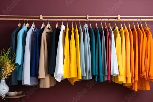 Shoping sale background theme. clothes on hanger in shop. Multicolored clothes on the shelves