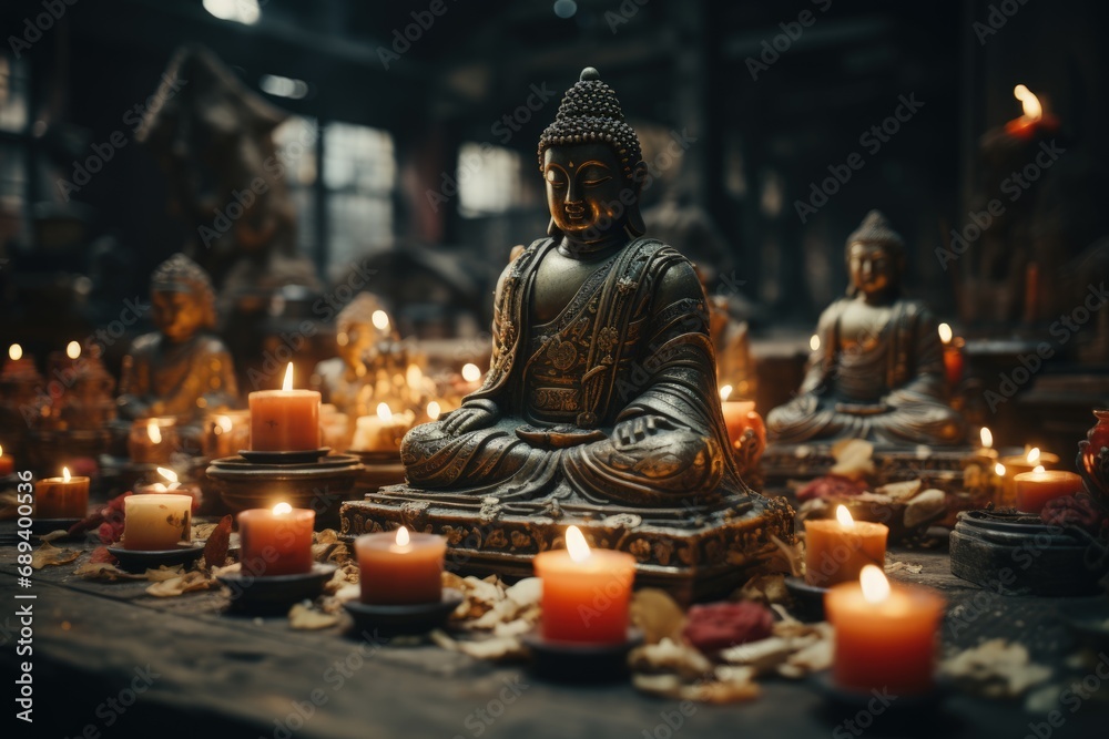 Religion Buddhism. exploring the essence of religion: the path to enlightenment and spiritual awakening in buddhism's timeless wisdom and meditation practices. - obrazy, fototapety, plakaty 