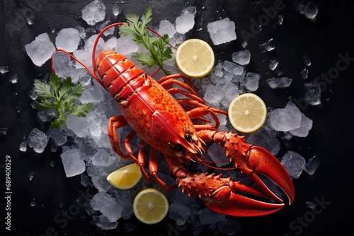 Top view of whole red lobster with ice and lemon on a dark background.