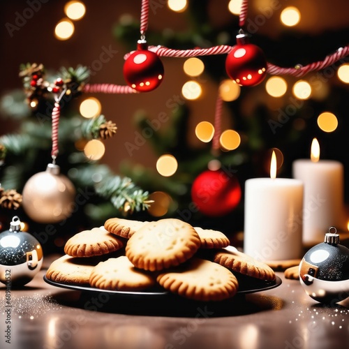 Christmas table decoration with Christmas cookies, Christmas balls and fairy lights.