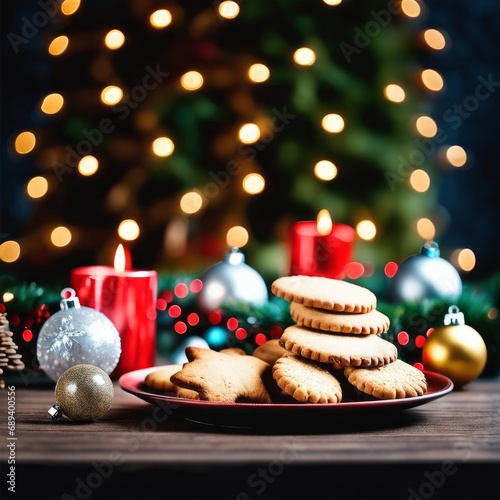 Christmas table decoration with Christmas cookies, Christmas balls and fairy lights.