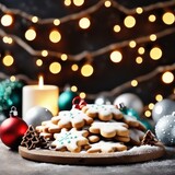 Christmas table decoration with Christmas cookies, Christmas balls and fairy lights.