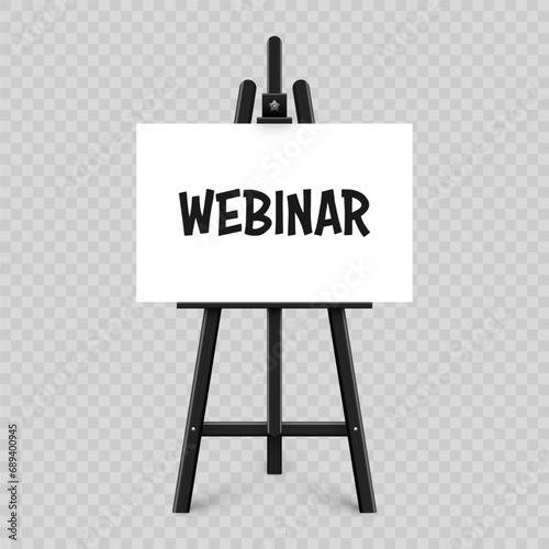 Realistic paint desk with text on white canvas. Black wooden easel and a sheet of drawing paper. Presentation board on a tripod. Distance education, online courses and e-learning. Vector illustration