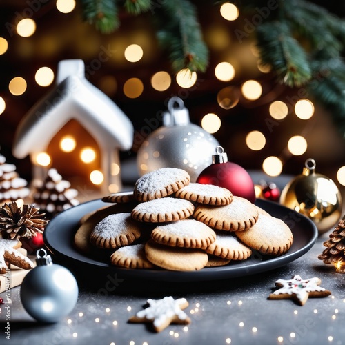 Christmas table decoration with Christmas cookies  Christmas balls and fairy lights.
