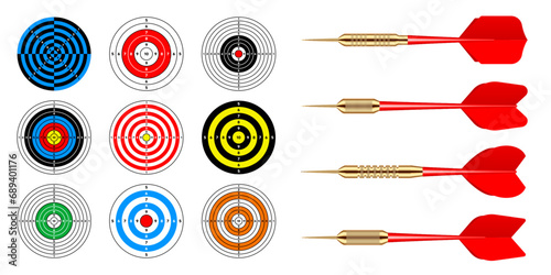 Paper targets with dart arrows. Shooting range round target, divisions, marks and numbers. Gun shooting practise and training, sport competition, hunting. Bullseye and aim. Vector illustration