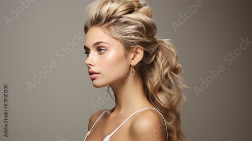 Female model, fully shown ear close up, sleek hairstyle, studio photo