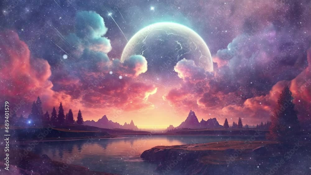 Futuristic fantasy landscape, sci-fi landscape with planet, neon light, cold planet. Galaxy with unknown planet landscape. Dark natural scene with light reflection in water. Neon space galaxy portal.