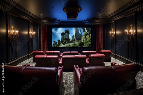 A sophisticated home theater with plush recliners, a large projector screen, and ambient lighting control, offering a cinematic entertainment experience.