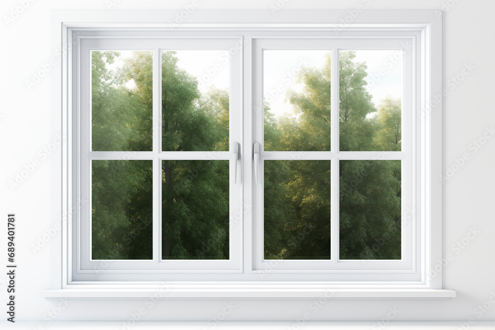 White window with summer trees view. White window with summer trees view.
