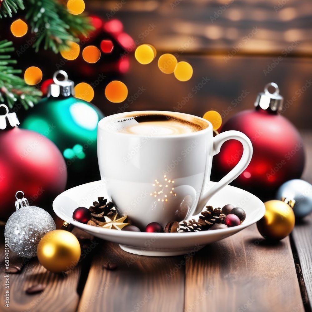 Coffee cup with Christmas ornaments and decoration on table with kitchen blurred background Coffee cup with Christmas ornaments and decoration on table with kitchen blurred background