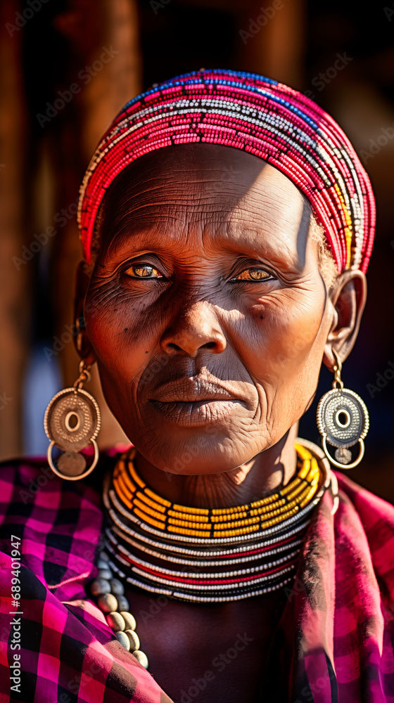 Masai woman in traditional clothes in Masai village, Kenia.
