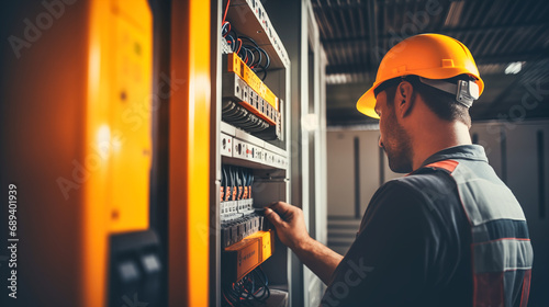 Electrician or electrician in safety helmet checking voltage in fuse box.