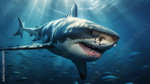 underwater on blue ocean background. Ocean shark bottom view from below. Open toothy. generative ai © Witri