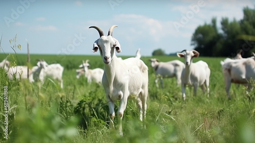 Domestic goats graze in the field in summer. generative ai