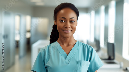 Portrait of a black nurse doctor woman looking at the camera with a smile on a white bright blurred hospital background