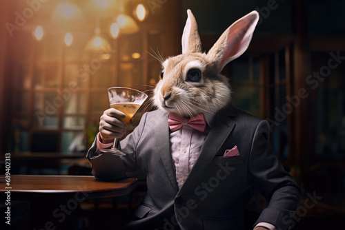 Easter Bunny Dressed in a Suit Having a Drink in Bar photo