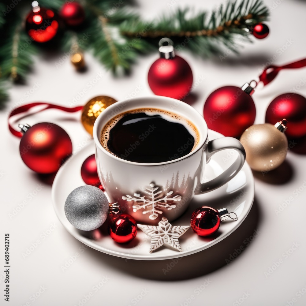 Coffee cup with Christmas ornaments and decoration on white background Coffee cup with Christmas ornaments and decoration on white background
