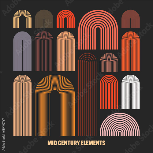 Mid century arch elements, modern geometric shapes. Contemporary design, minimalist art. Trendy design elements for wall decor, posters, books, covers and flyers. Vector illustration