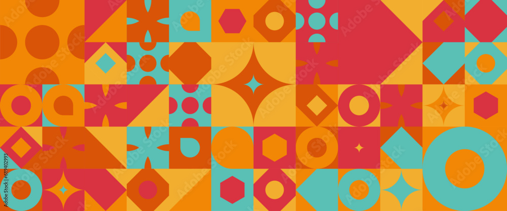 Orange red and green geometric mosaic seamless pattern illustration with creative abstract shapes. Minimalist modern graphic design element mosaic style concept Orange red and green geometric mosaic seamless pattern illustration with creative abstract shapes. Minimalist modern graphic design element mosaic style concept