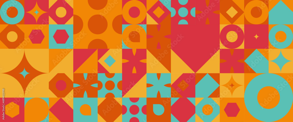 Orange red and green geometric minimal pattern mosaic. Simple circle shapes, modern bauhaus banner vector design Minimalist modern graphic design element mosaic style concept Orange red and green geometric minimal pattern mosaic. Simple circle shapes, modern bauhaus banner vector design Minimalist modern graphic design element mosaic style concept