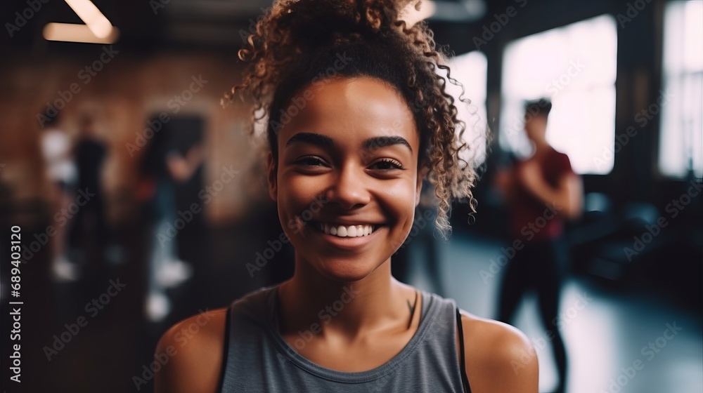 Young woman smiling at the camera while standing in a yoga studio. Having a workout session with her class in a fitness studio. Sport concept. Fitness concept. Health concept. People concept. - obrazy, fototapety, plakaty 