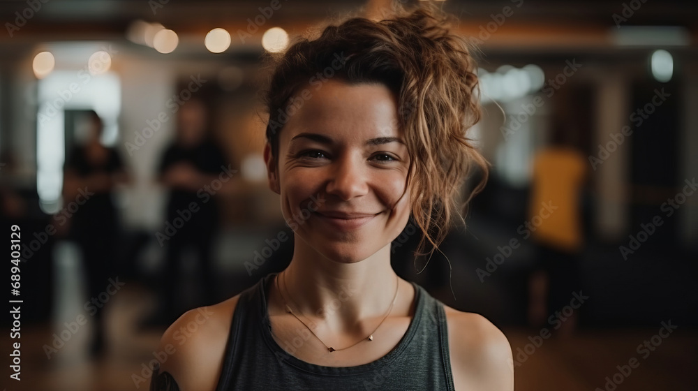 Young woman smiling at the camera while standing in a yoga studio. Having a workout session with her class in a fitness studio. Sport concept. Fitness concept. Health concept. People concept. Young woman smiling at the camera while standing in a yoga studio. Having a workout session with her class in a fitness studio. Sport concept. Fitness concept. Health concept. People concept.